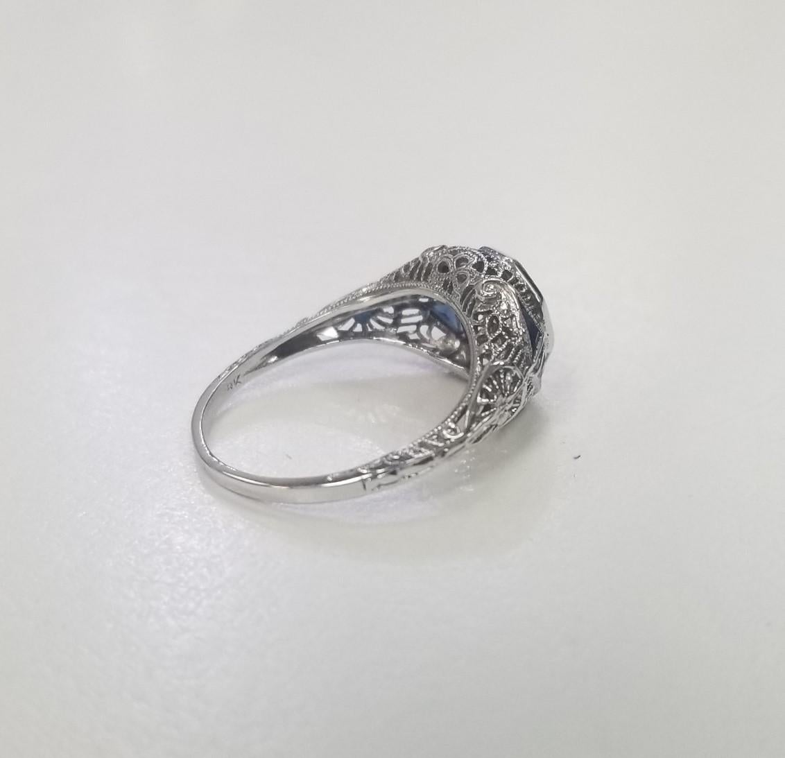 Art Deco 14k White Gold Hand Engraved Diamond Ring with Old European Cut Diamond In Excellent Condition In Los Angeles, CA