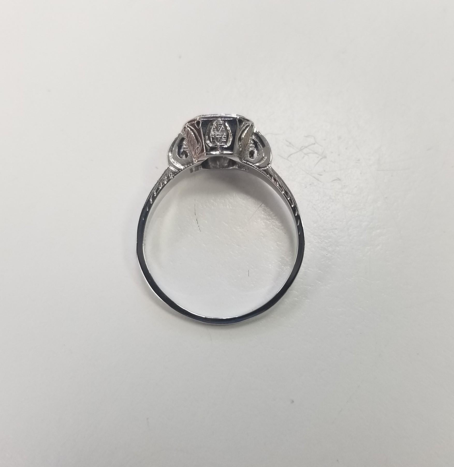 Women's Art Deco 14k White Gold Hand Engraved Diamond Ring with Old European Cut Diamond For Sale