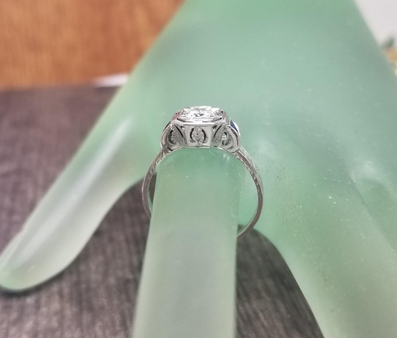 Art Deco 14k White Gold Hand Engraved Diamond Ring with Old European Cut Diamond For Sale 2
