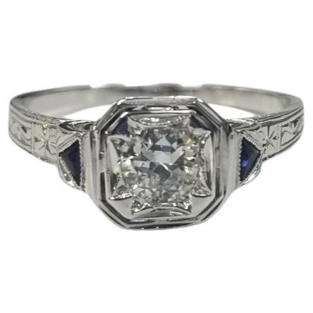 Art Deco 14k White Gold Hand Engraved Diamond Ring with Old European Cut Diamond For Sale