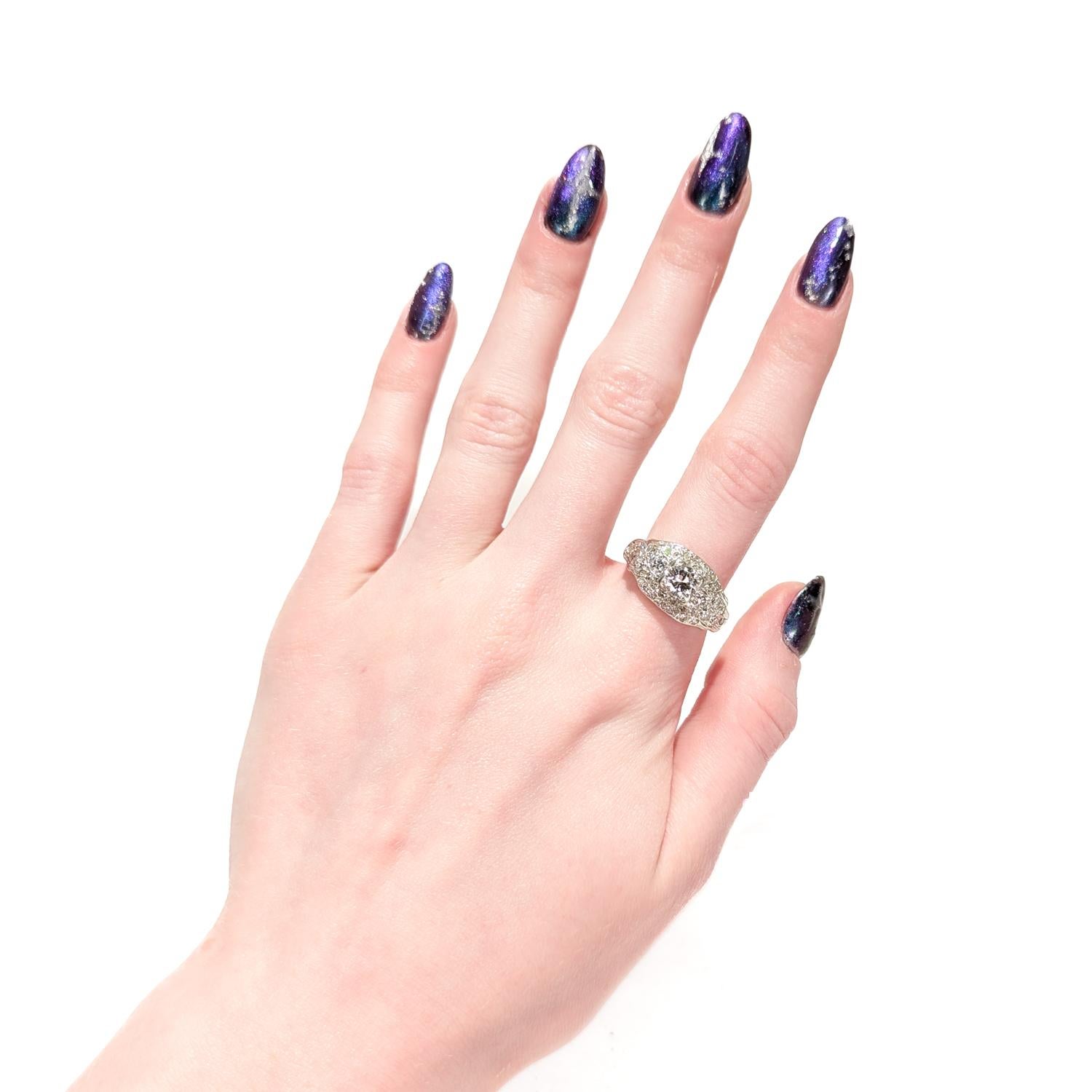 Brilliant Cut Art Deco 14K White Gold & Natural Diamond Pave-Set Ring For Sale