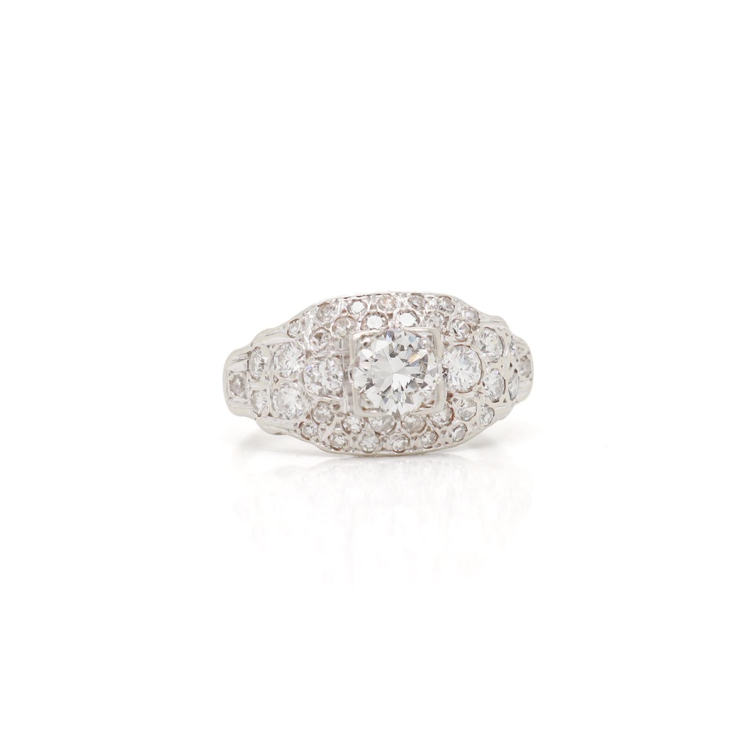 Art Deco 14K White Gold & Natural Diamond Pave-Set Ring In Good Condition For Sale In Philadelphia, PA