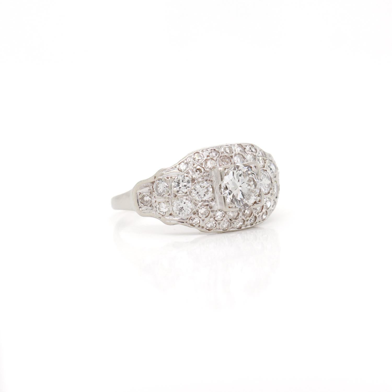 Art Deco 14K White Gold & Natural Diamond Pave-Set Ring For Sale 1
