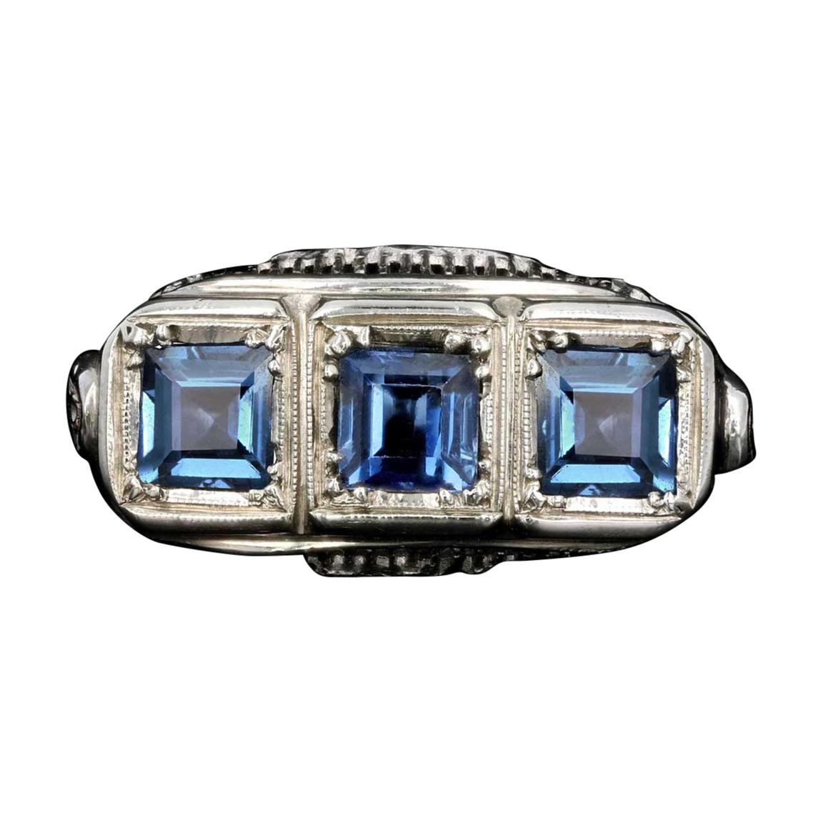 Art Deco 14K White Gold Natural No Heat Cornflower Blue Sapphire 1.50CTW Ring