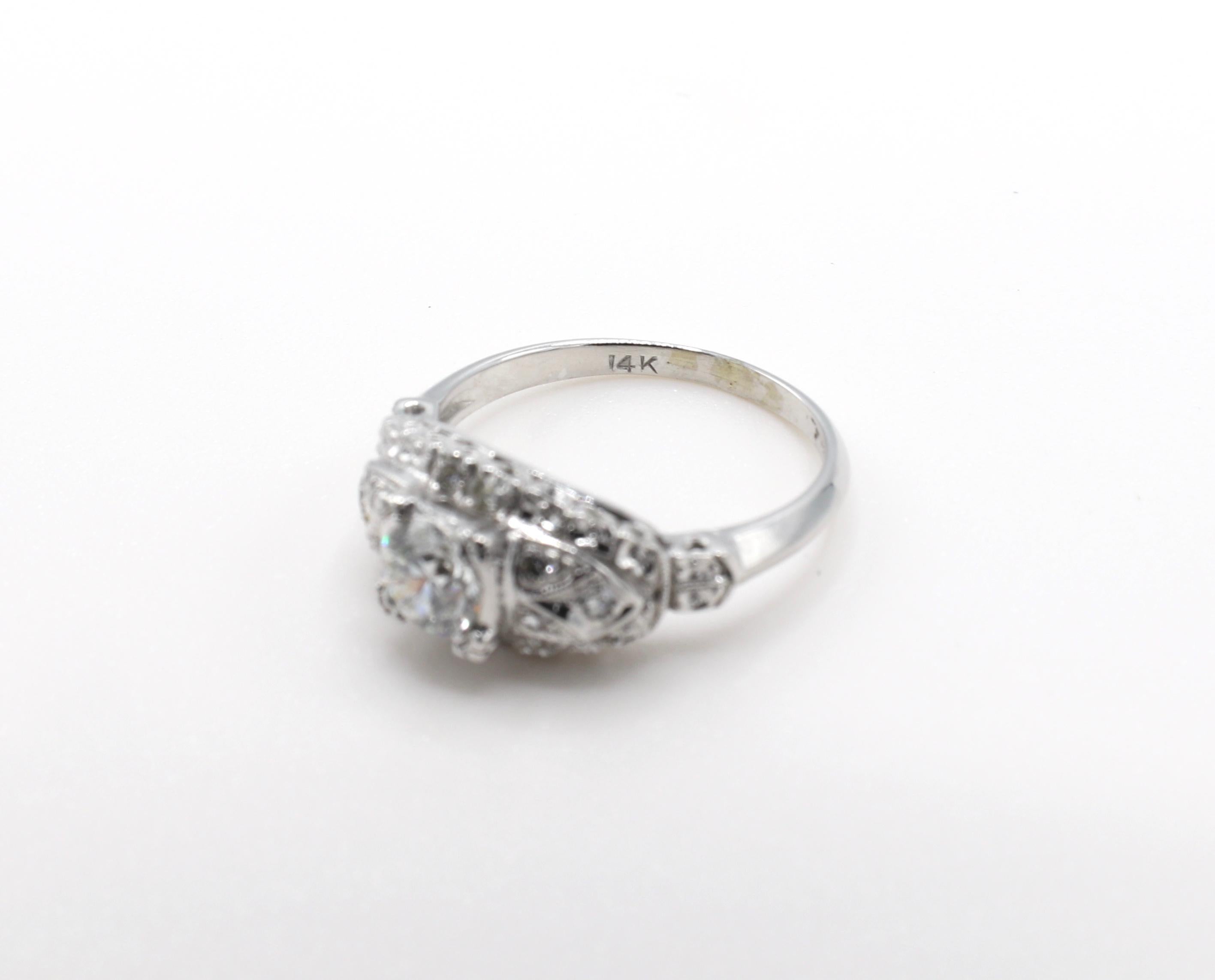 Women's Art Deco 14 Karat White Gold Old European Cut Natural Diamond Engagement Ring For Sale