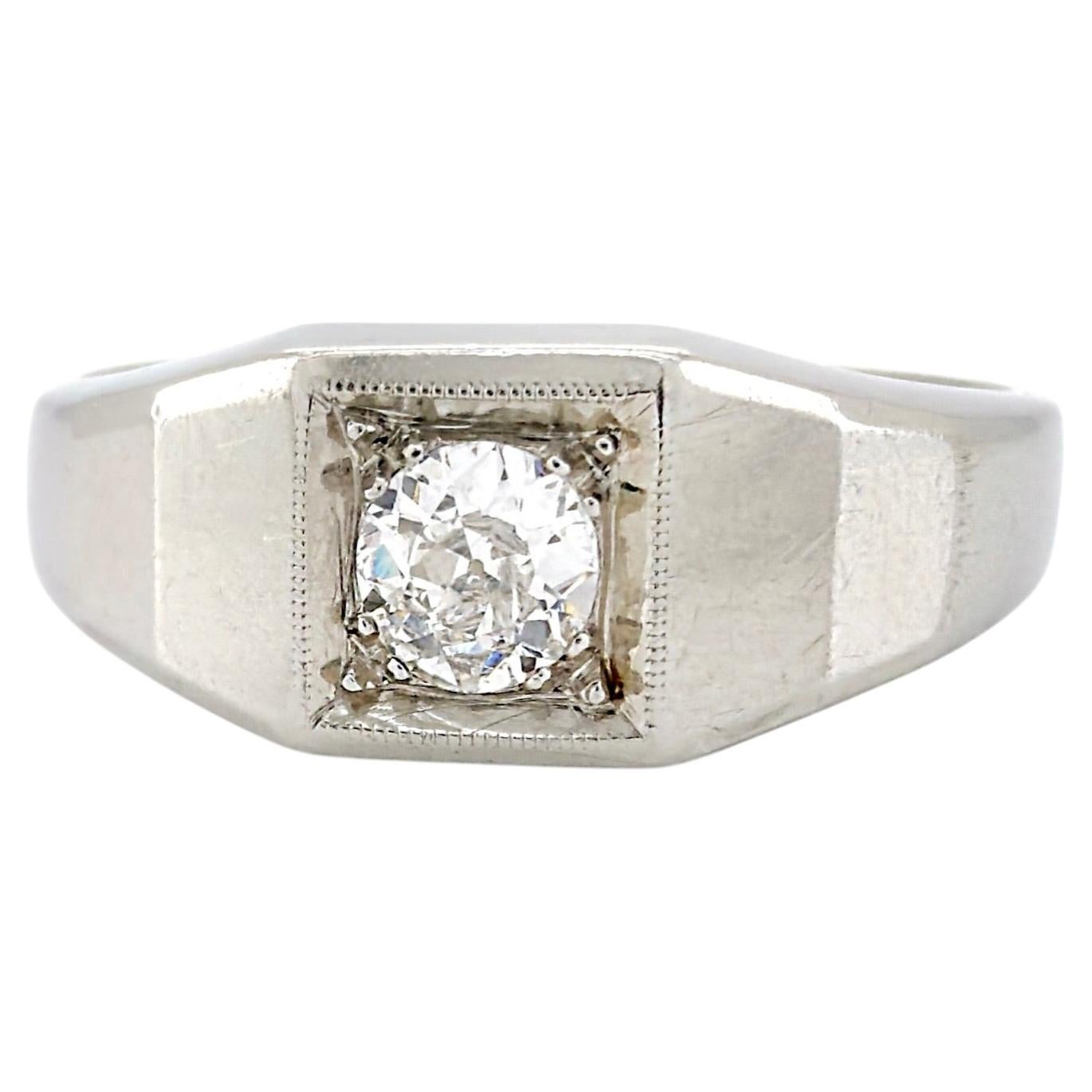 Art Deco 14K White Gold Old European Cut Diamond Ring, Size 7.75