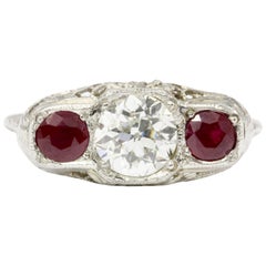 1920s ruby ring Art Deco 14K White Gold Old European Cut Diamond Ruby Ring, circa 1920s