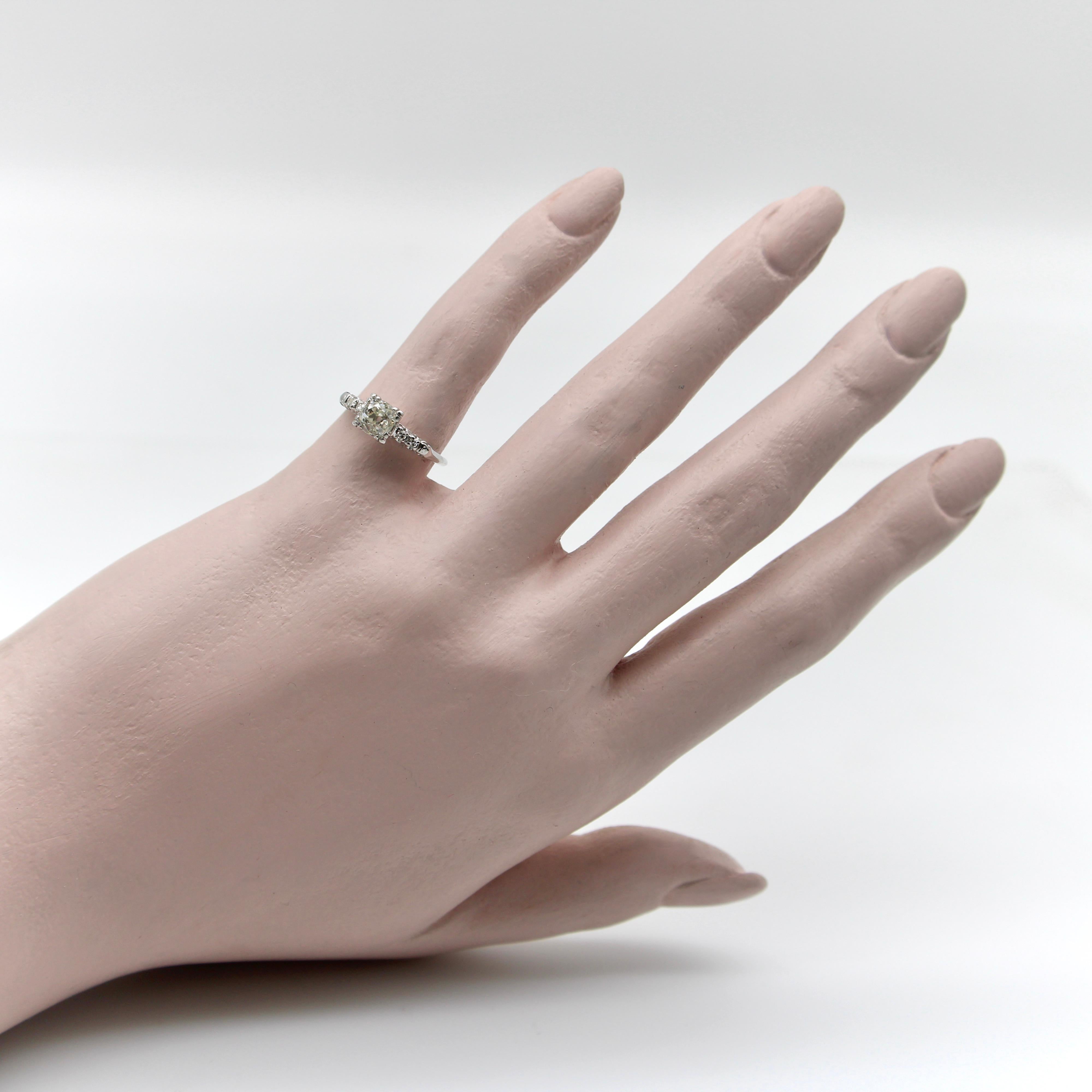 Art Deco 14K White Gold Old Mine Cut Diamond Engagement Ring For Sale 7