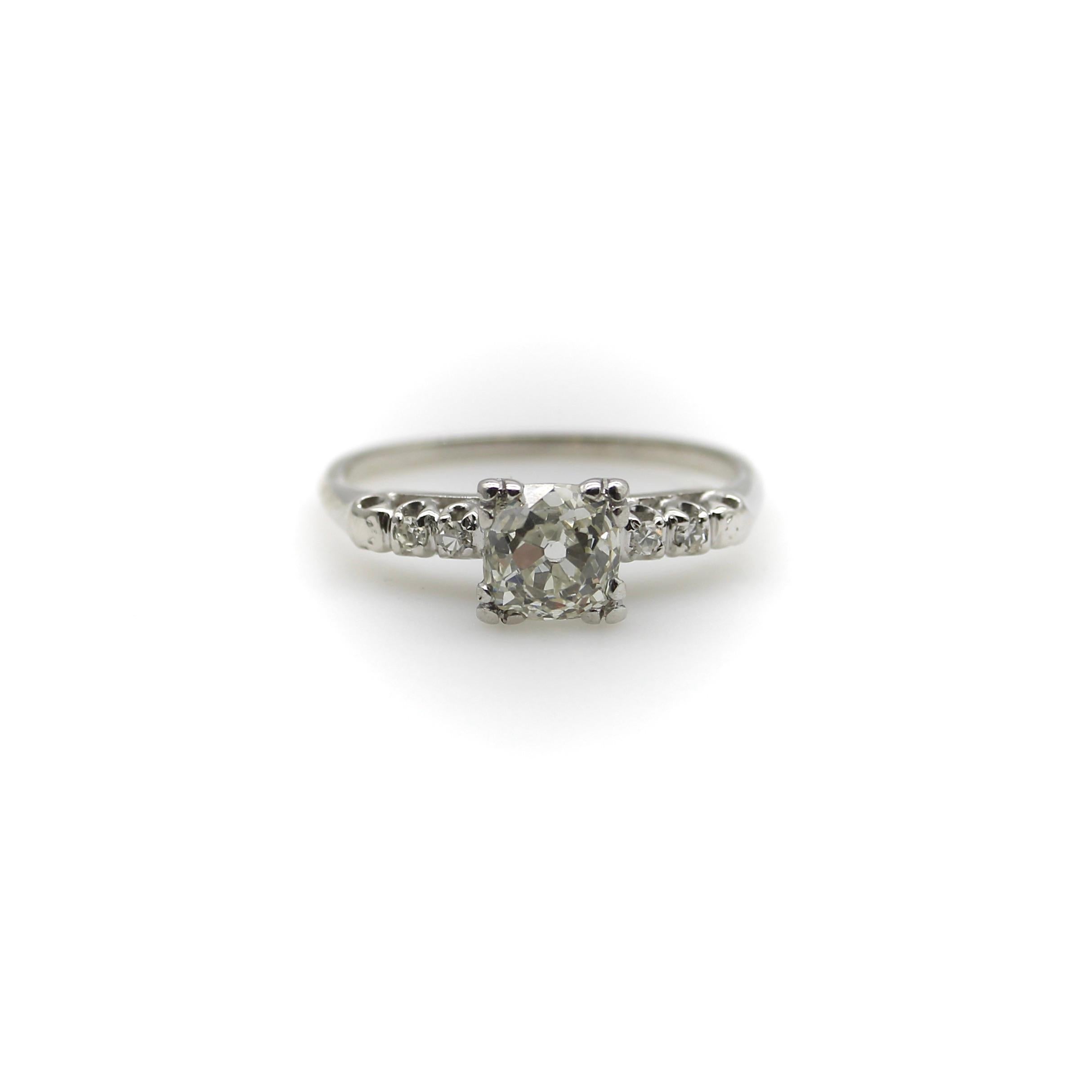 Art Deco 14K White Gold Old Mine Cut Diamond Engagement Ring In Good Condition For Sale In Venice, CA