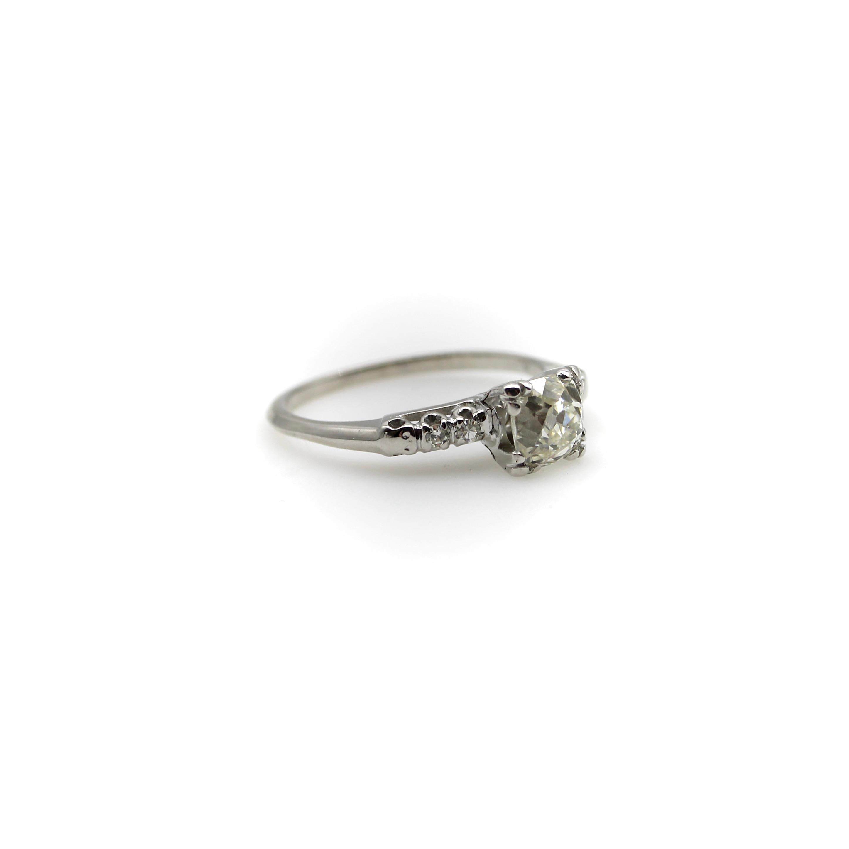 Women's or Men's Art Deco 14K White Gold Old Mine Cut Diamond Engagement Ring For Sale