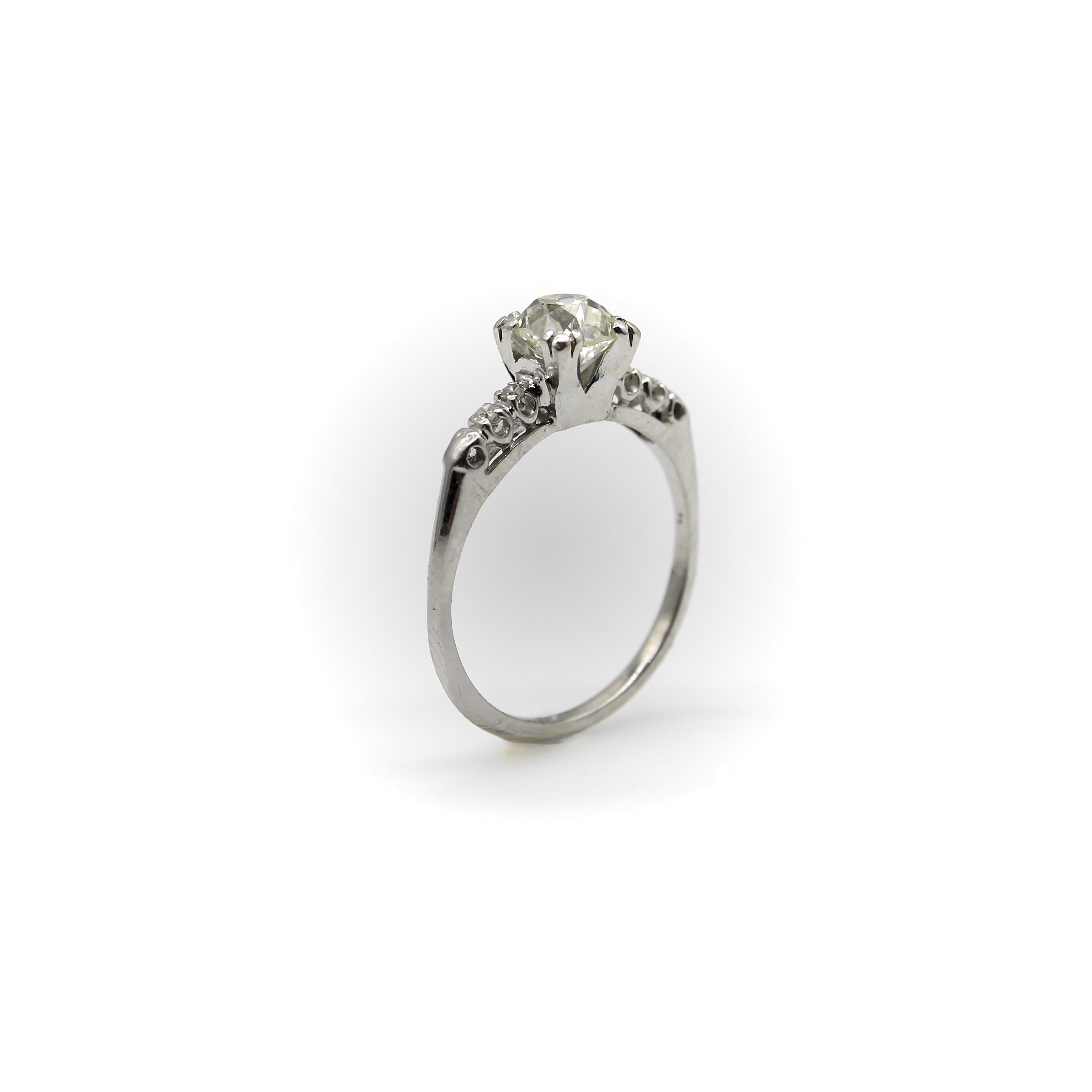 Art Deco 14K White Gold Old Mine Cut Diamond Engagement Ring For Sale 2
