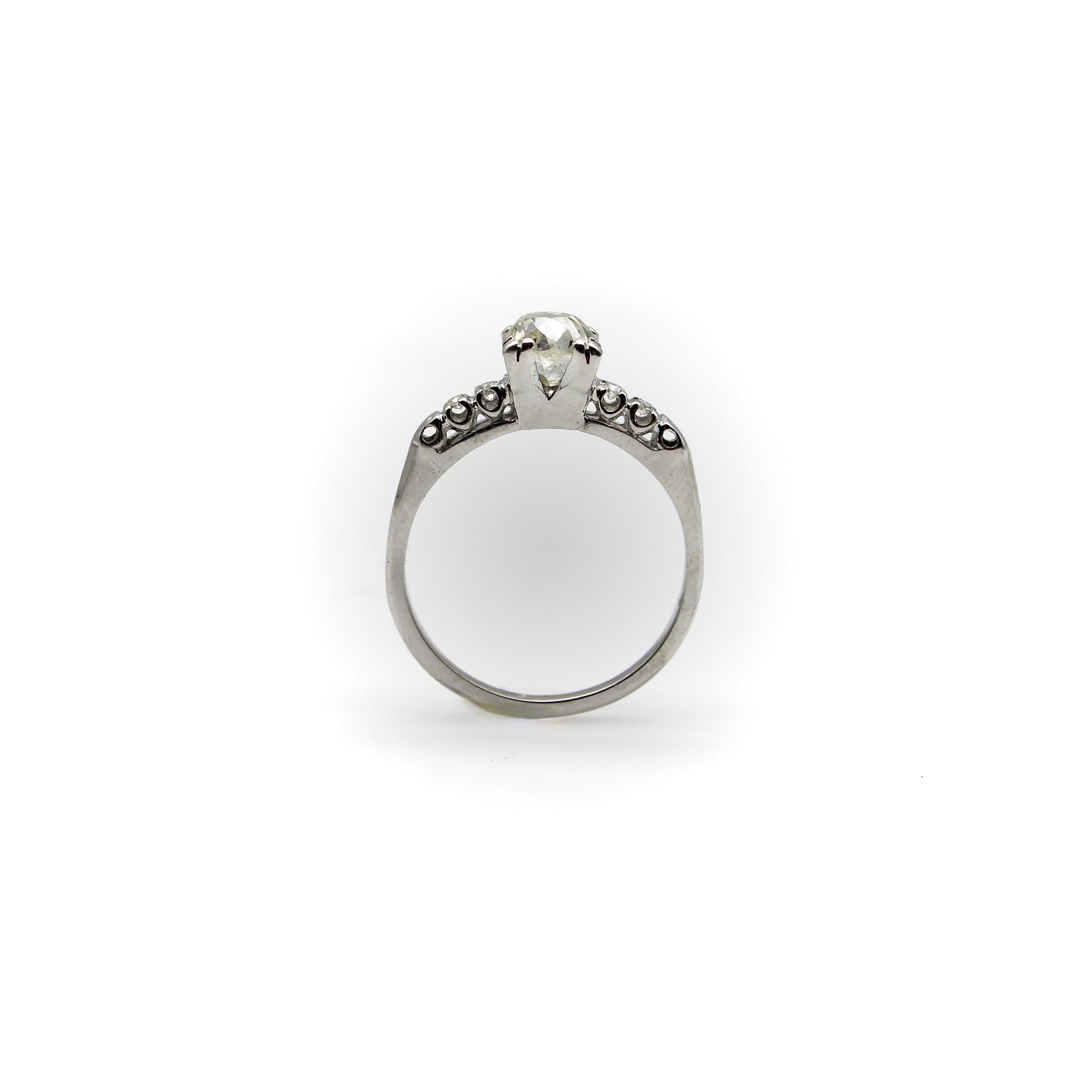 Art Deco 14K White Gold Old Mine Cut Diamond Engagement Ring For Sale 3