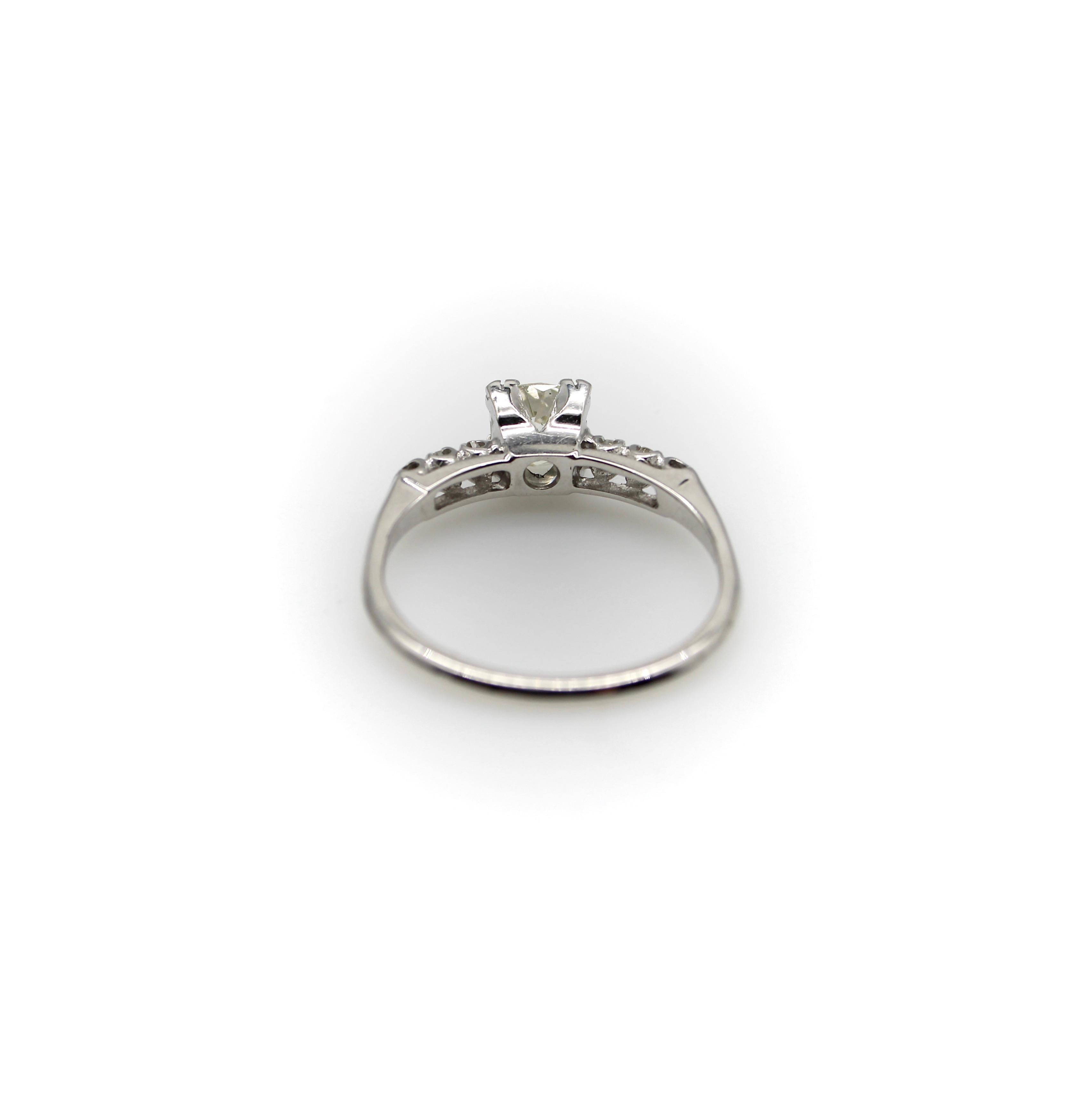 Art Deco 14K White Gold Old Mine Cut Diamond Engagement Ring For Sale 4