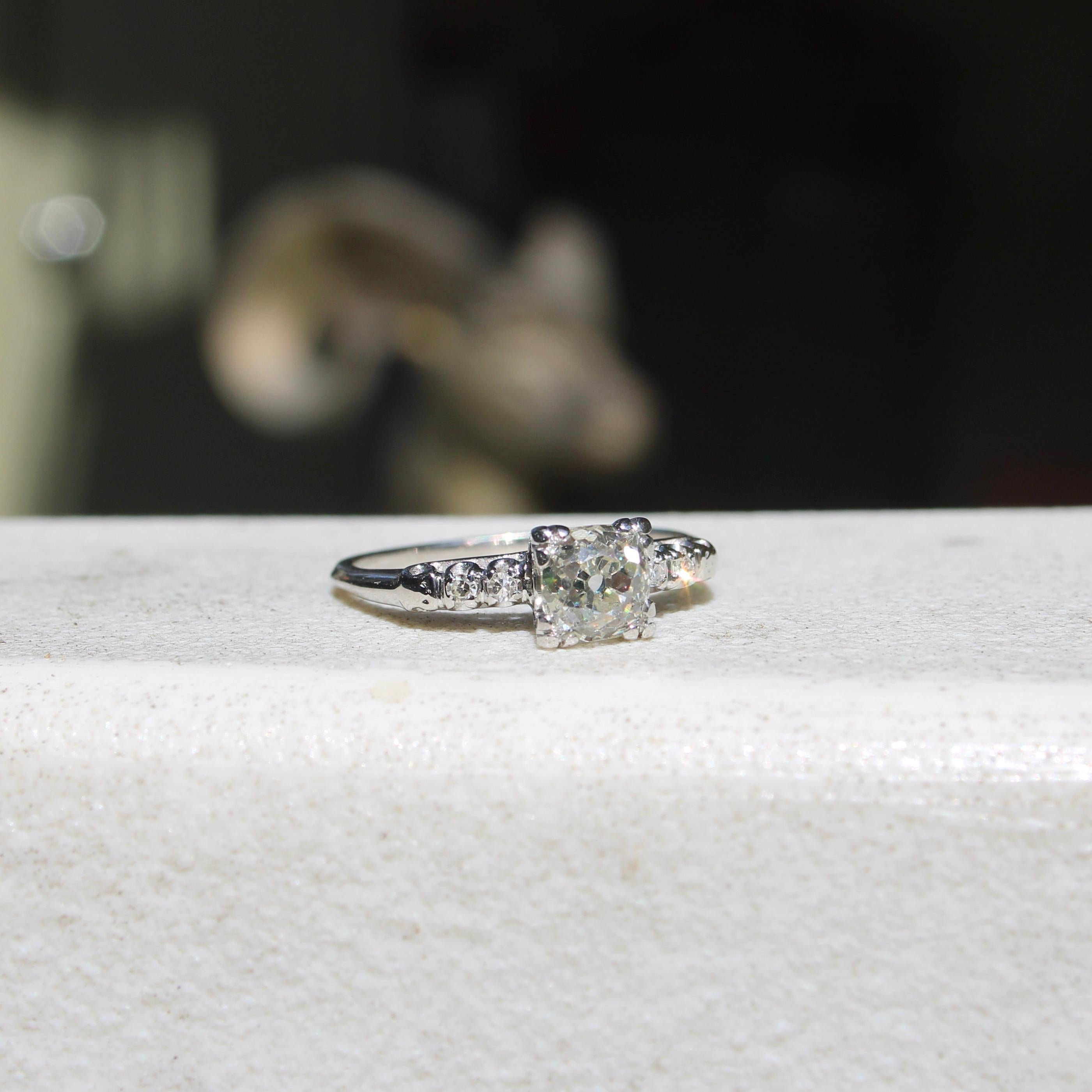 Art Deco 14K White Gold Old Mine Cut Diamond Engagement Ring For Sale 5