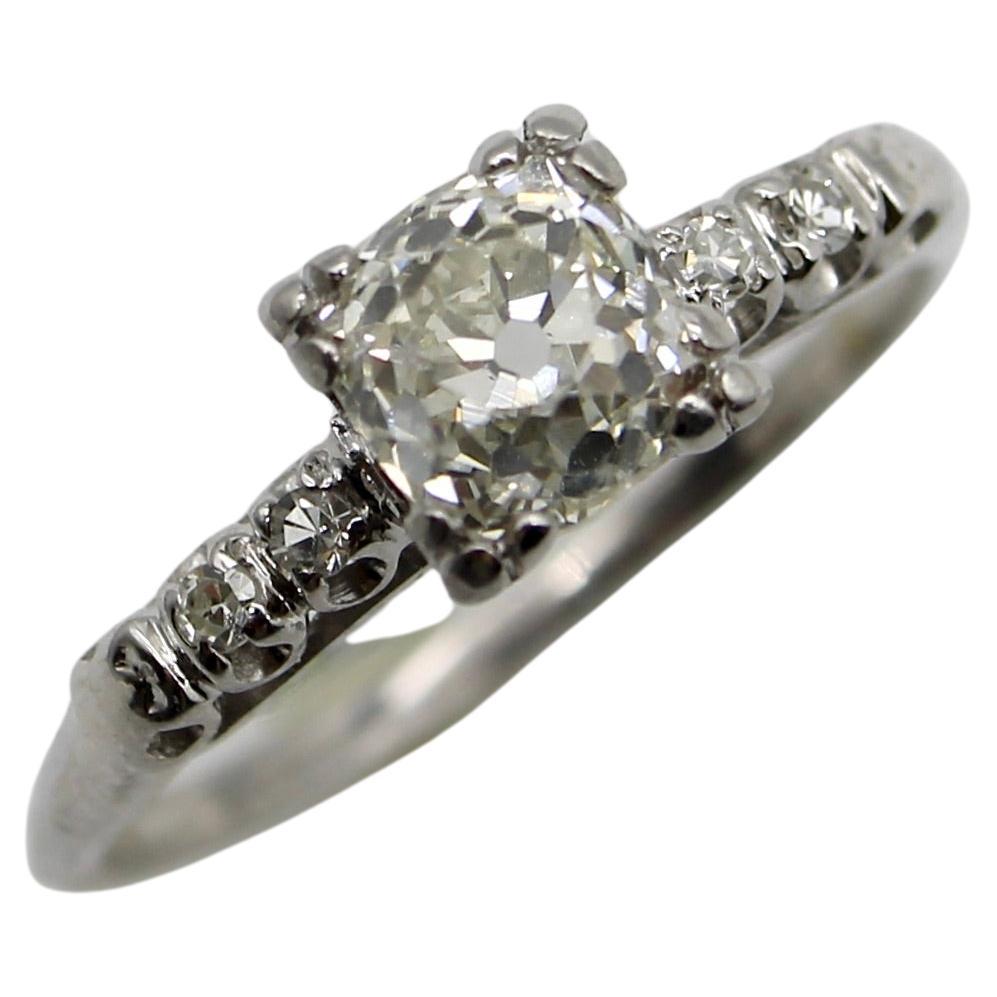 Art Deco 14K White Gold Old Mine Cut Diamond Engagement Ring