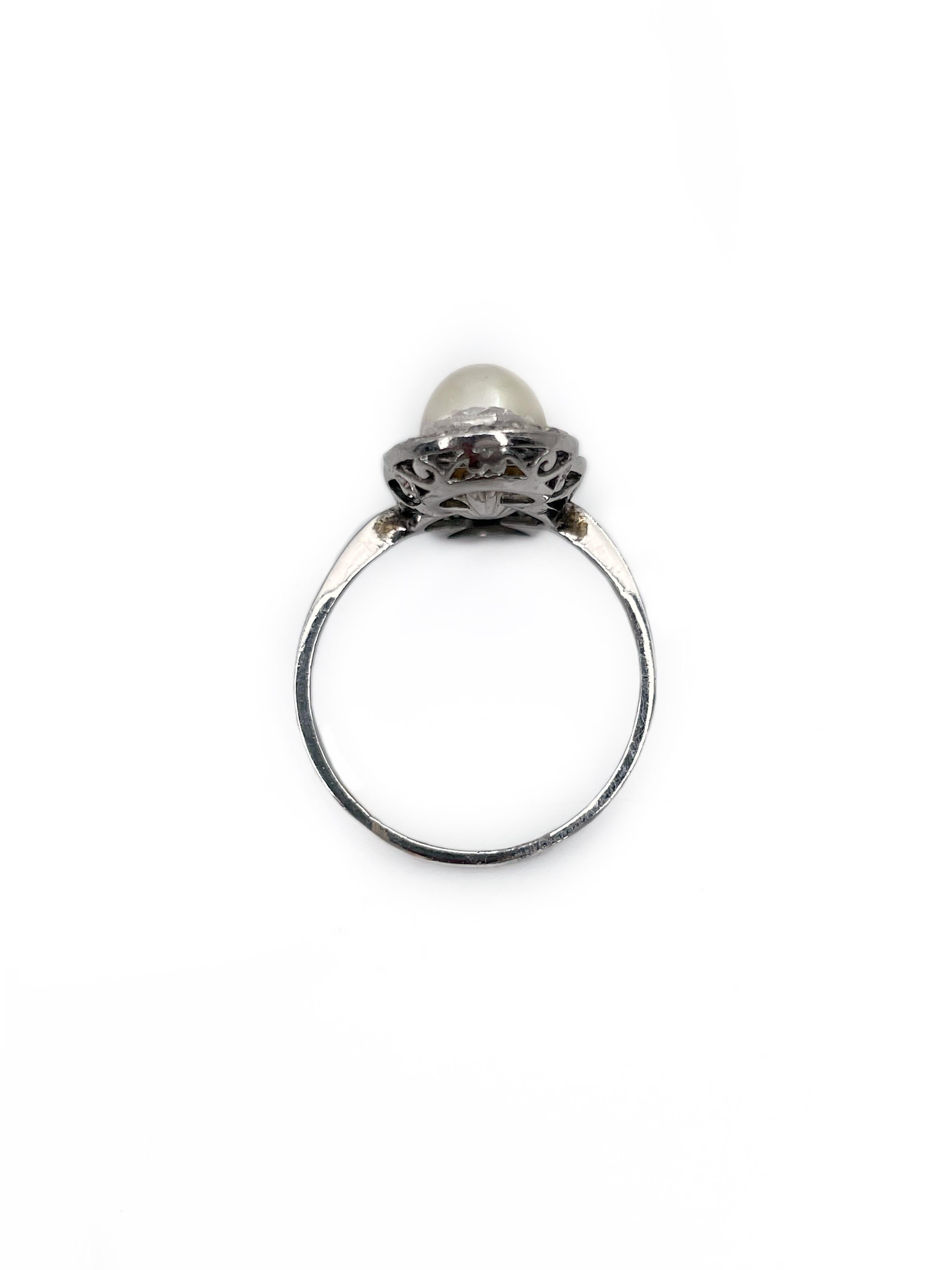 Women's Art Deco 14 Karat Gold Pearl 1.18 Carat Old Cut Diamond Navette Ring