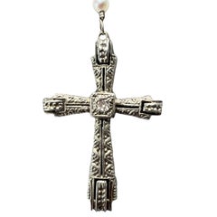 Art Deco 14K White Gold Pearl and Diamond Cross Rosary Necklace