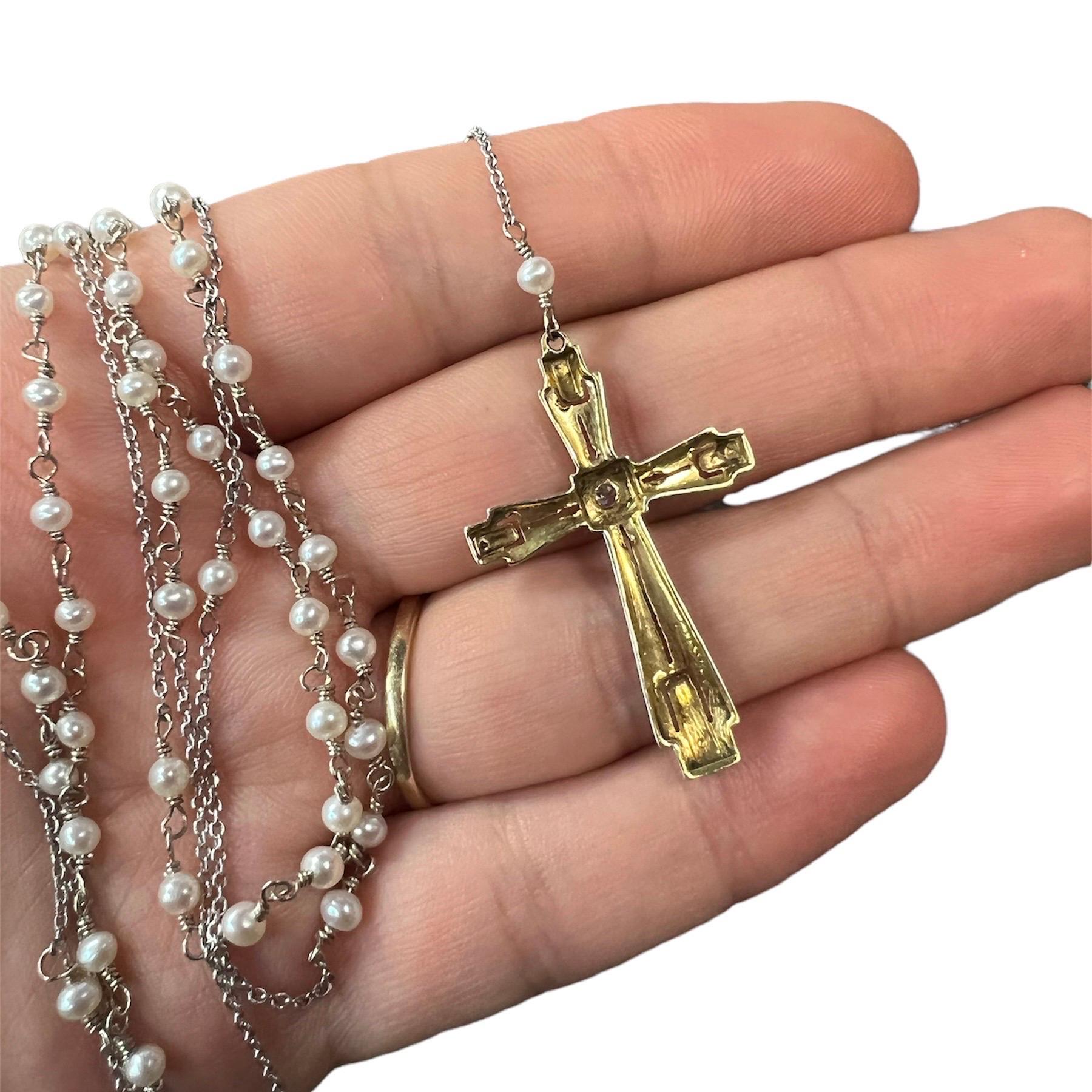 Art Deco 14K Weißgold Perle und Diamant Kreuz Rosary Halskette (Einfacher Schliff) im Angebot