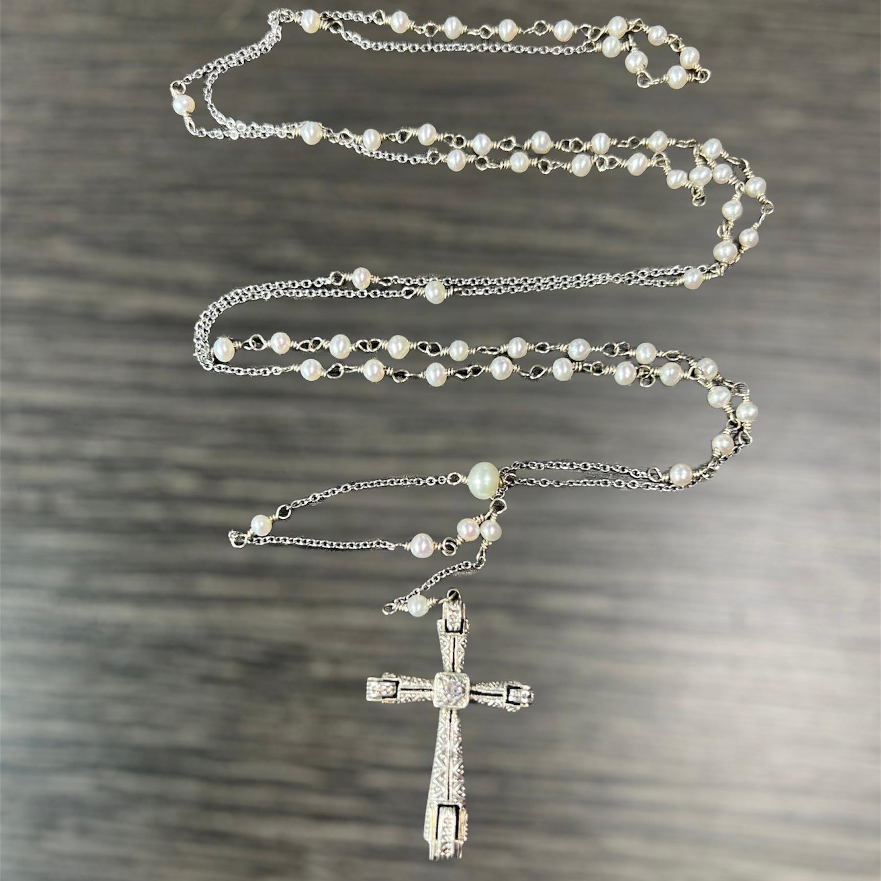 Art Deco 14K Weißgold Perle und Diamant Kreuz Rosary Halskette im Zustand „Hervorragend“ im Angebot in Addison, TX