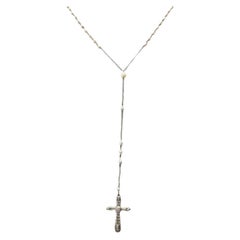Art Deco 14K White Gold Pearl and Diamond Cross Rosary Necklace