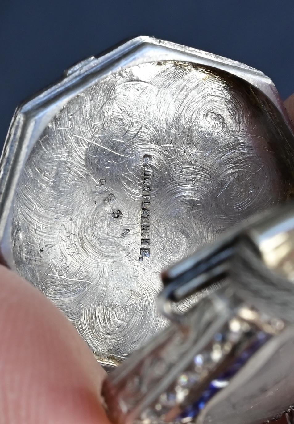 Art Deco 14K Weißgold & Platin Damenuhr mit Diamanten und blauen Saphiren im Angebot 12