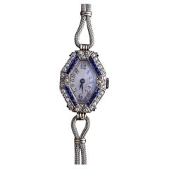 Art Deco 14K Weißgold & Platin Damenuhr mit Diamanten und blauen Saphiren