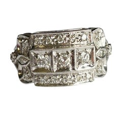 Art Deco 14k White Gold Round Brilliant Three Stone Bow Design Diamond Ring