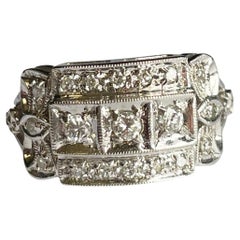 Vintage Art Deco 14k White Gold Round Brilliant Three Stone Bow Design Diamond Ring