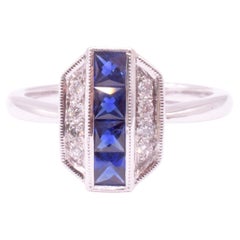 Art Deco 14K White gold Sapphire and Diamond Ring w French cut gemstones
