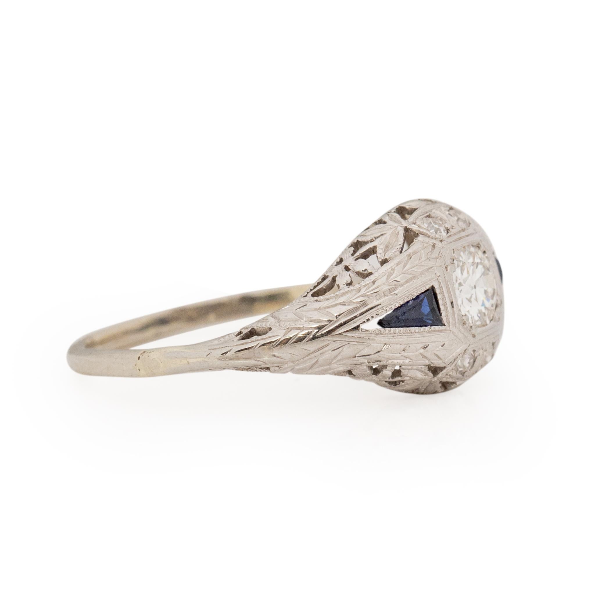 Old European Cut Art Deco 14K White Gold Sapphire and Diamond Vintage Filigree Engagement Ring 