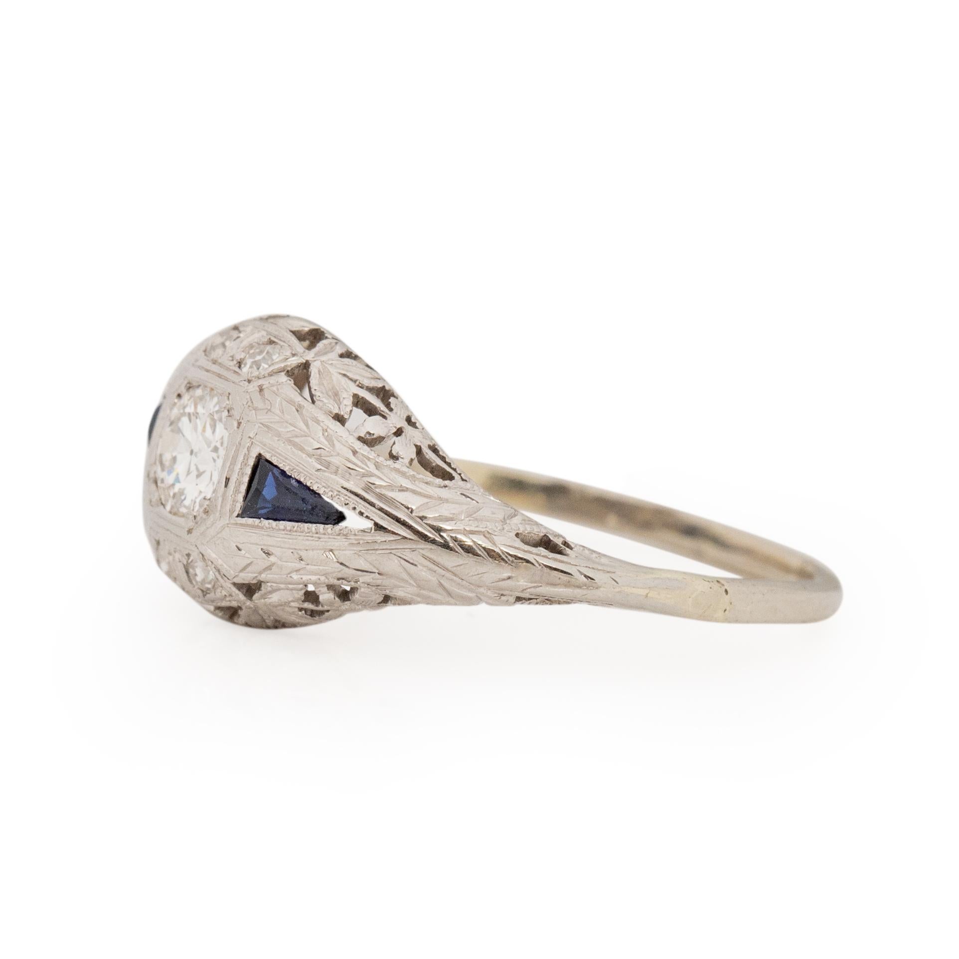 Women's or Men's Art Deco 14K White Gold Sapphire and Diamond Vintage Filigree Engagement Ring 