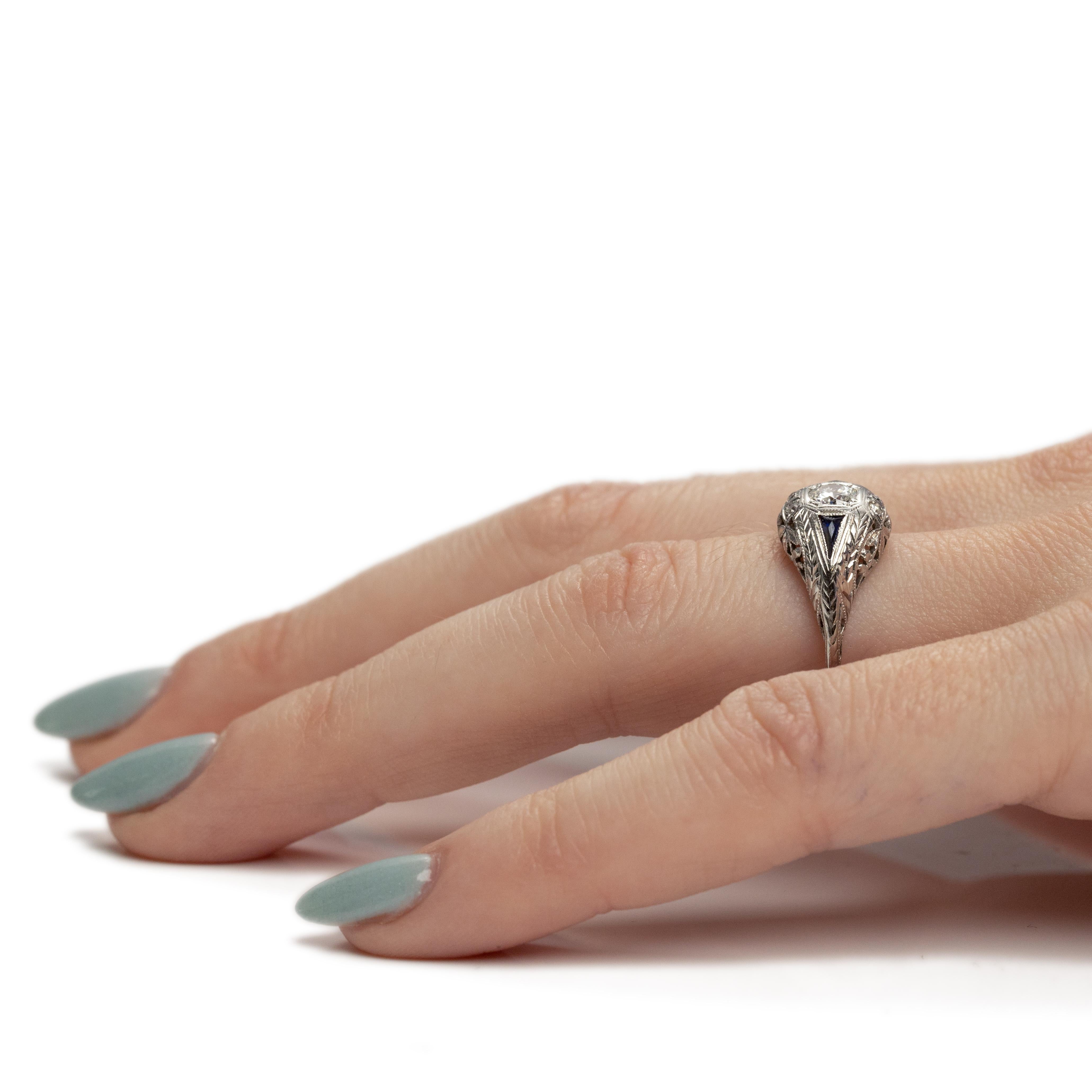 Art Deco 14K White Gold Sapphire and Diamond Vintage Filigree Engagement Ring  4