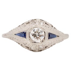 Art Deco 14K White Gold Sapphire and Diamond Vintage Filigree Engagement Ring 