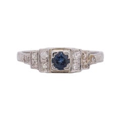 Art Deco 14k White Gold Sapphire and Diamond Vintage Solitaire Engagement Ring