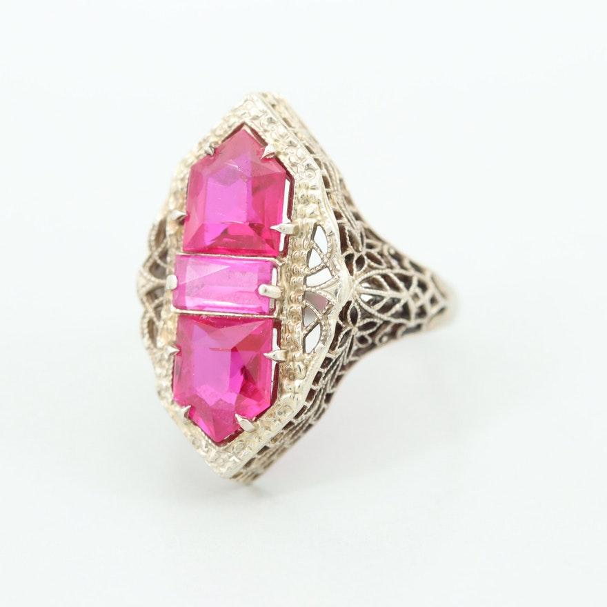 Women's Art Deco 14 Karat White Gold Synthetic Ruby Shield Filigree Openwork Ring