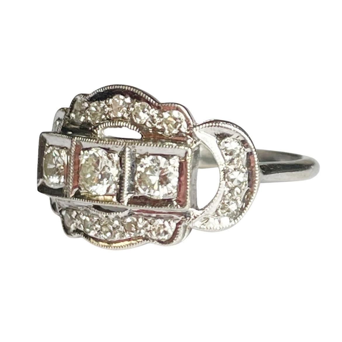 Statement-Ring aus 14 Karat Weißgold mit drei Reihen und drei Steinen im Art déco-Stil für Damen oder Herren