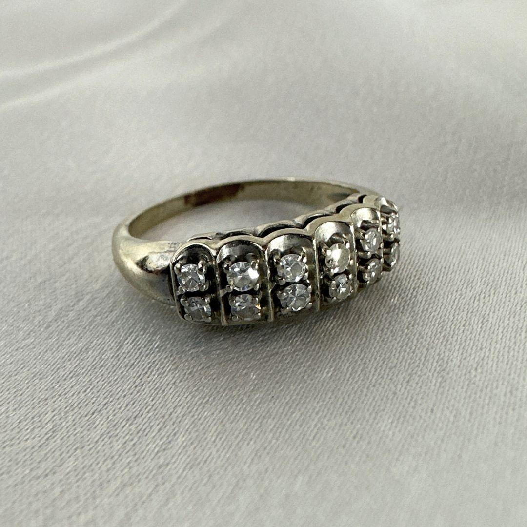 Brilliant Cut Art Deco 14k White Gold Victorian 12 Diamonds Cocktail Ring for Women Size 5.75 For Sale