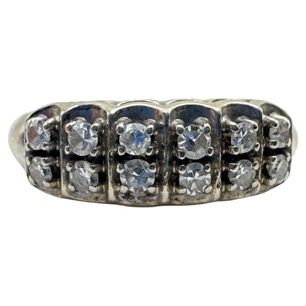 Art Deco 14k White Gold Victorian 12 Diamonds Cocktail Ring for Women Size 5.75 For Sale