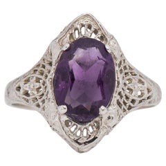 Art Deco 14K White Gold Antique Filigree Deep Purple Oval Amethyst Fashion Ring