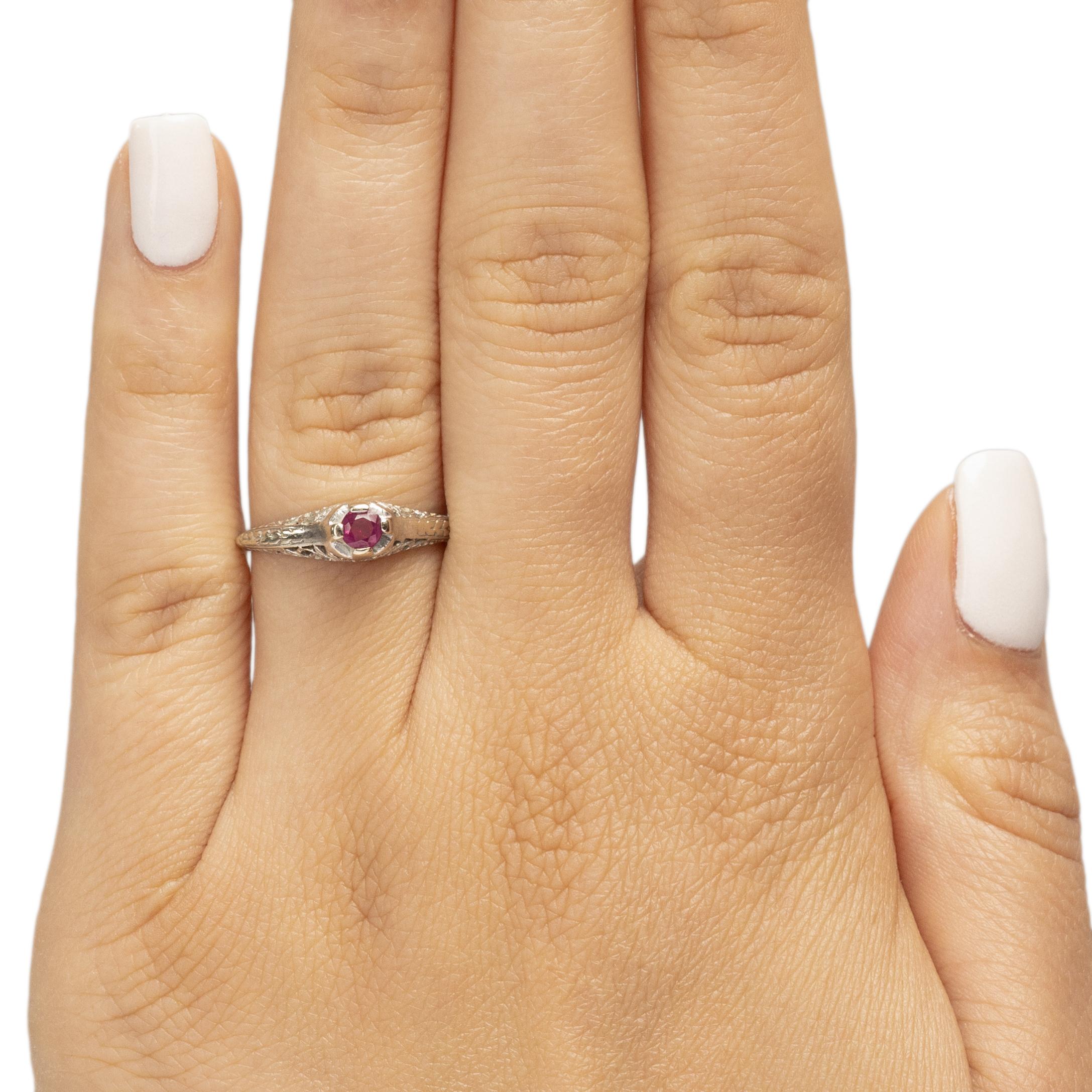 Art Deco 14K White Gold Vintage Open Work Solitaire Old Cut Ruby Engagement Ring In Good Condition In Addison, TX