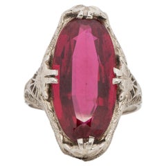 Art Deco 14K White Gold Vintage Oval Red Glass Filigree Statement Ring