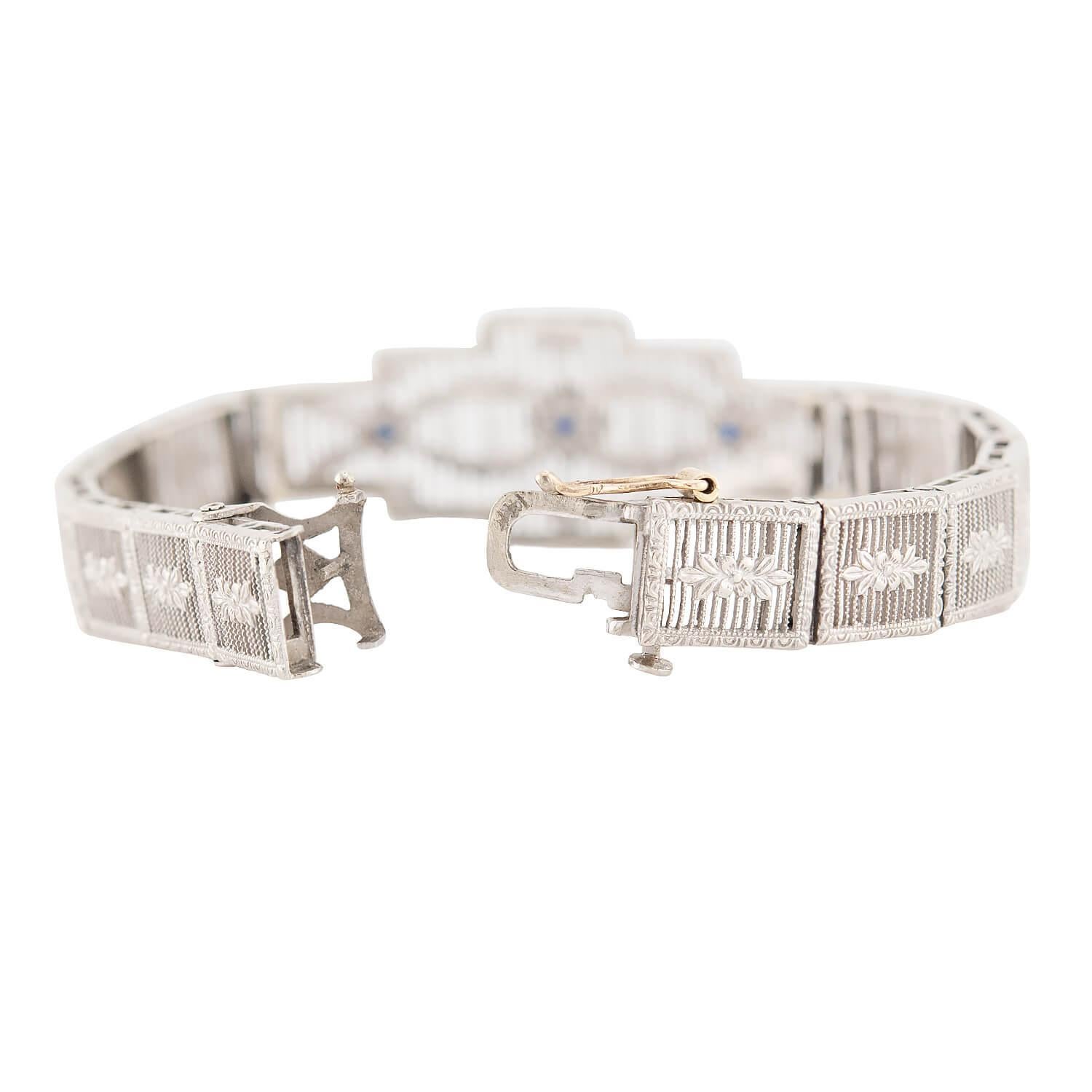 Bracelet ligne filigrane Art déco 14 carats avec saphir blanc Pour femmes en vente