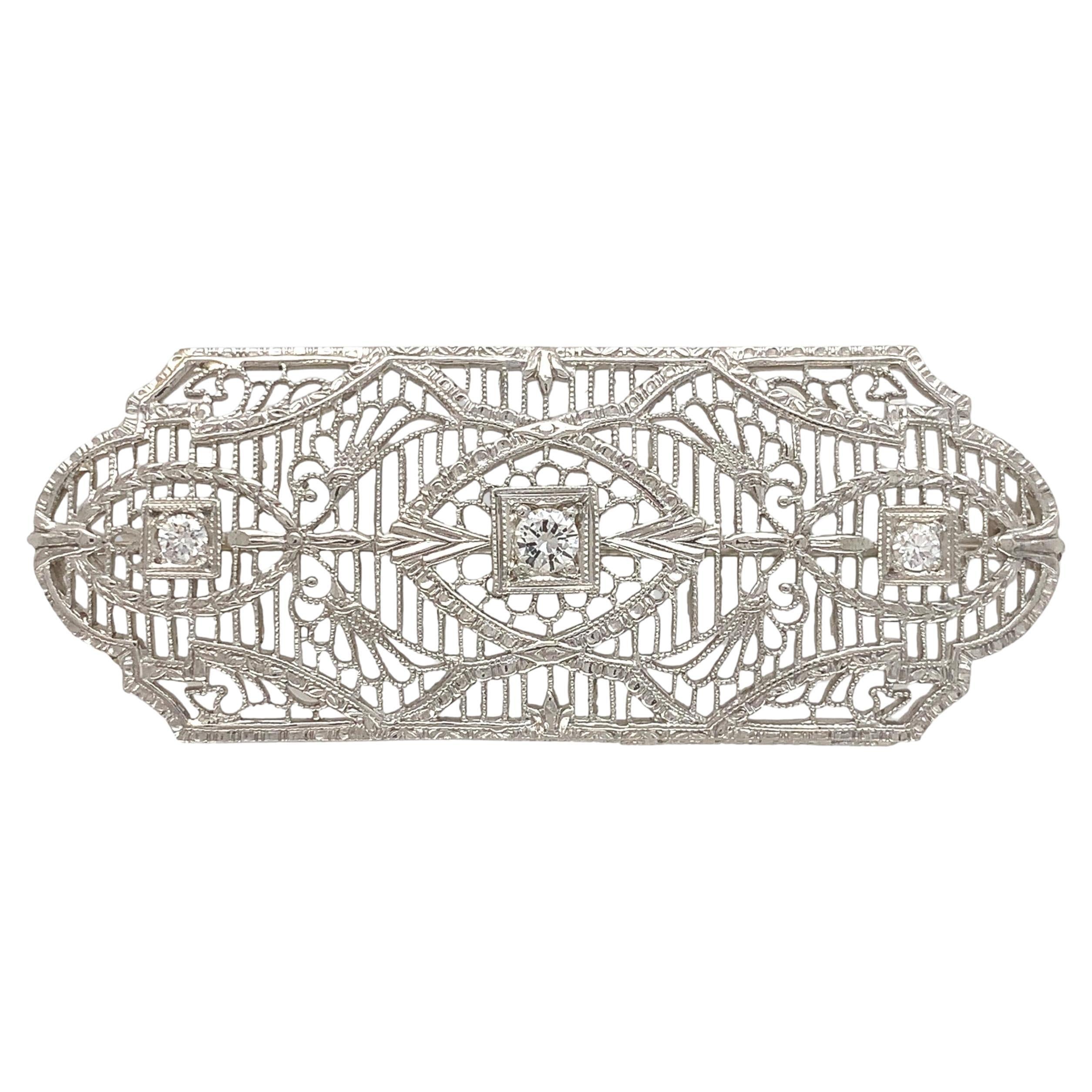 Art Deco 14K Wide Filigree Brooch Pin with 3 Diamonds