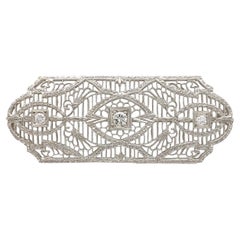 Art Deco 14K Wide Filigree Brooch Pin with 3 Diamonds