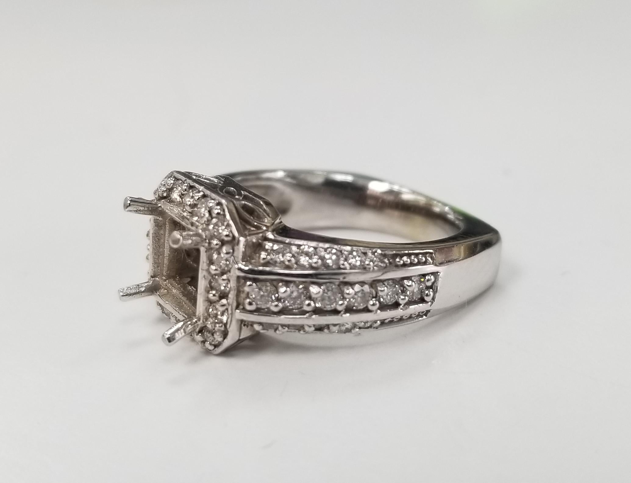 Art Deco inspired  14k with diamonds ring semi mount, containing  diamonds weighing diamonds 48round .75pts.,  the ring is a size 6 and can be sized to fit for free. the ring can take 6mm x 6mm stone.