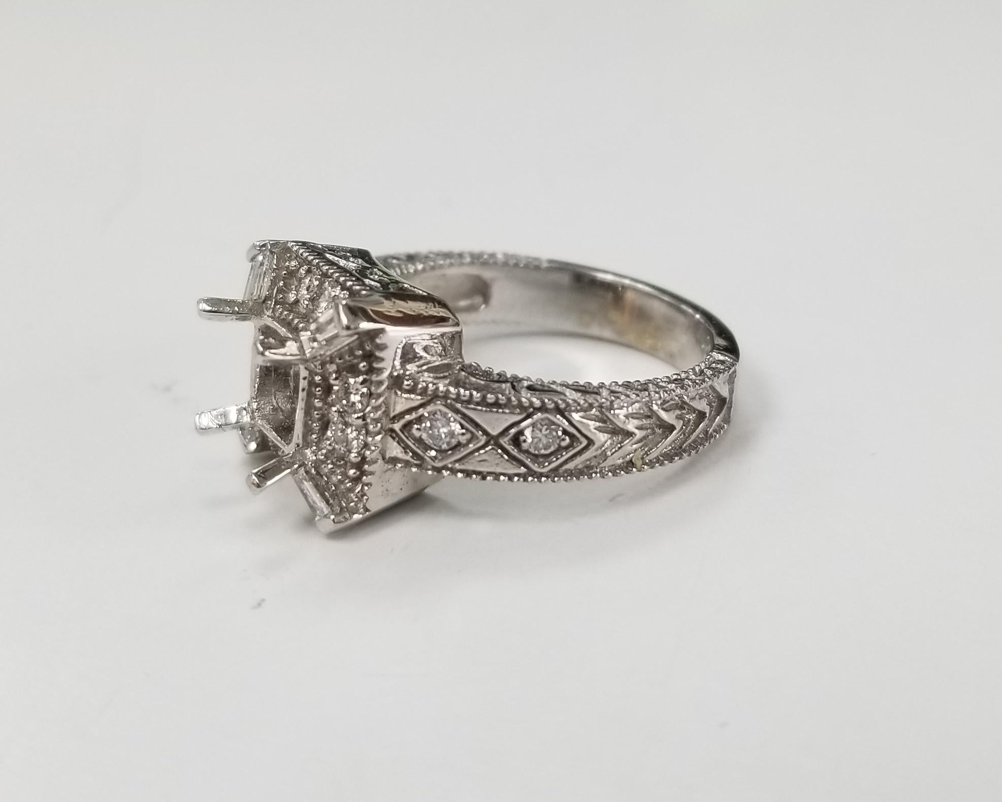 Art Deco inspired 14k with diamonds ring with hand engraving, containing  diamonds weighing diamonds  12round .45pts.,  the ring is a size 6.75 and can be sized to fit for free. the ring can take 7mm x 7mm stone.