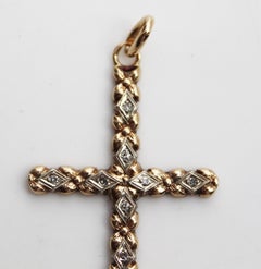 Art Deco 14 Karat Yellow and White Gold Diamond Cross Pendant Charm