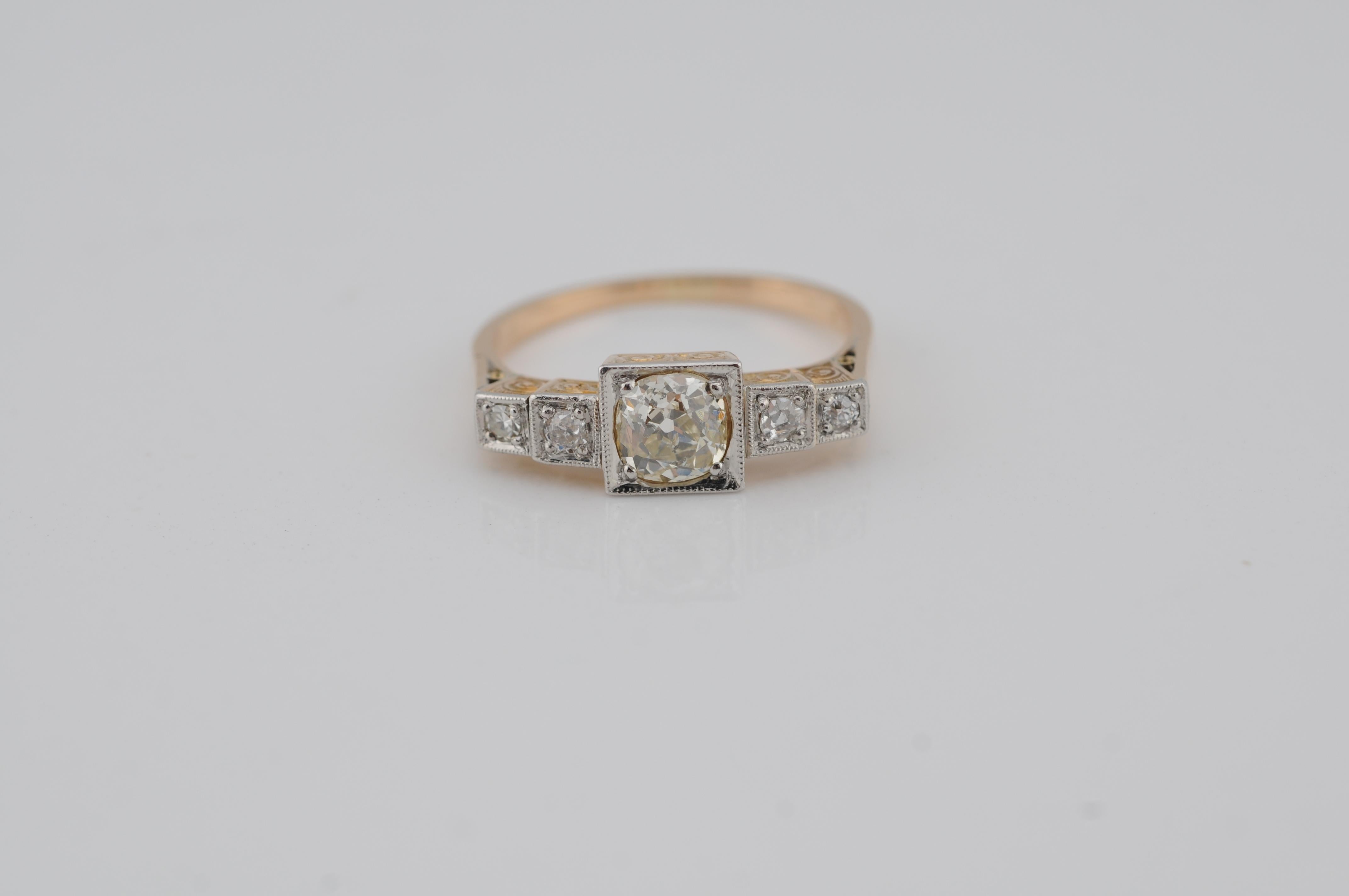 Art Deco Ring aus 14K Gelb- und Weißgold mit Diamant im Altschliff - 1,1 ct (Art déco) im Angebot