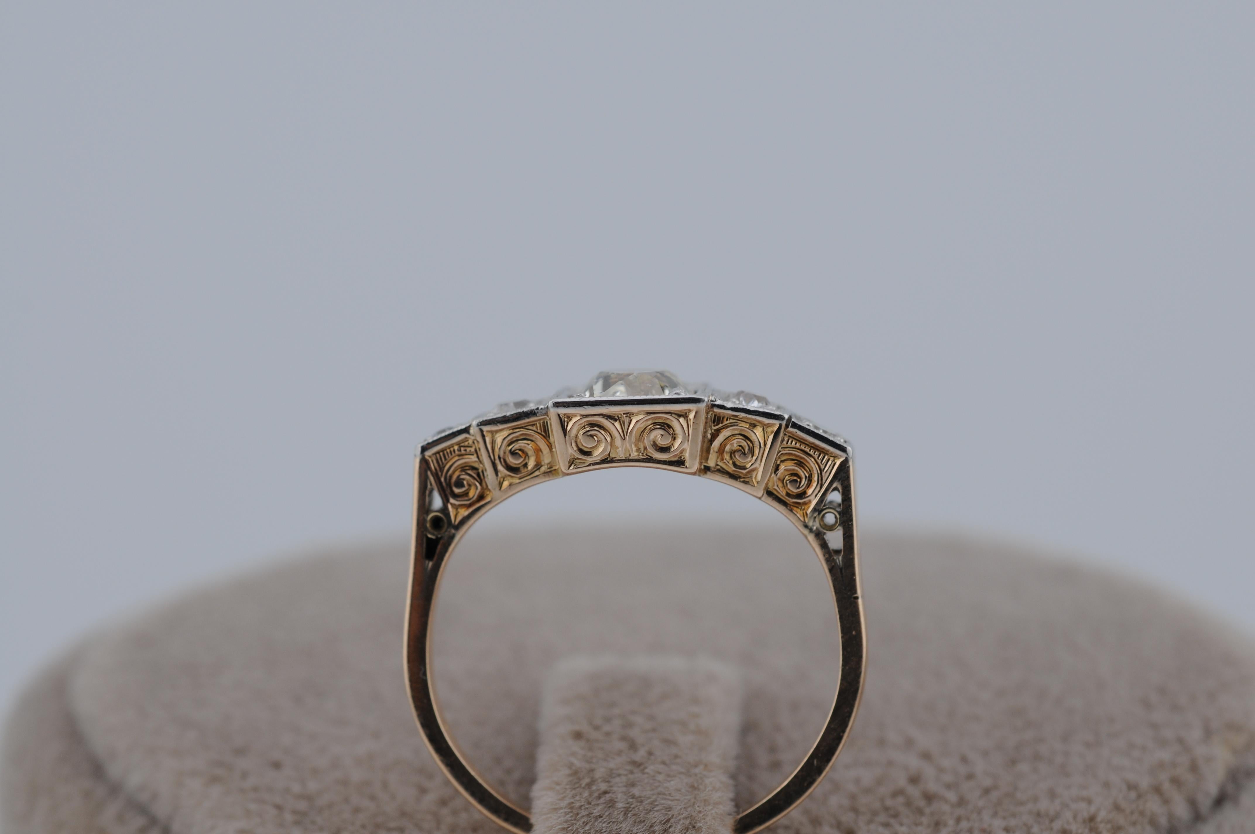 Art Deco Ring aus 14K Gelb- und Weißgold mit Diamant im Altschliff - 1,1 ct (Alteuropäischer Schliff) im Angebot