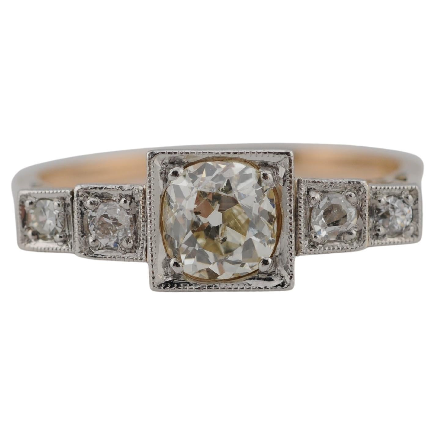 Art Deco Ring aus 14K Gelb- und Weißgold mit Diamant im Altschliff - 1,1 ct